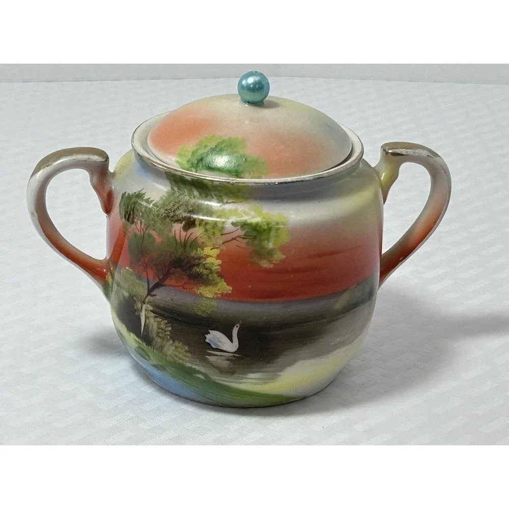 Noritake Hand Painted Vintage Sugar Bowl W/Lid Lake Scene Sunset W/ Swan‎